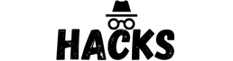 Black text 'HACKS' with a stylized hat and glasses icon on a white background